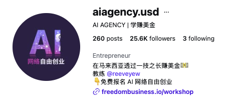 AI AGENCY · 学赚美金 的 Instagram 账号